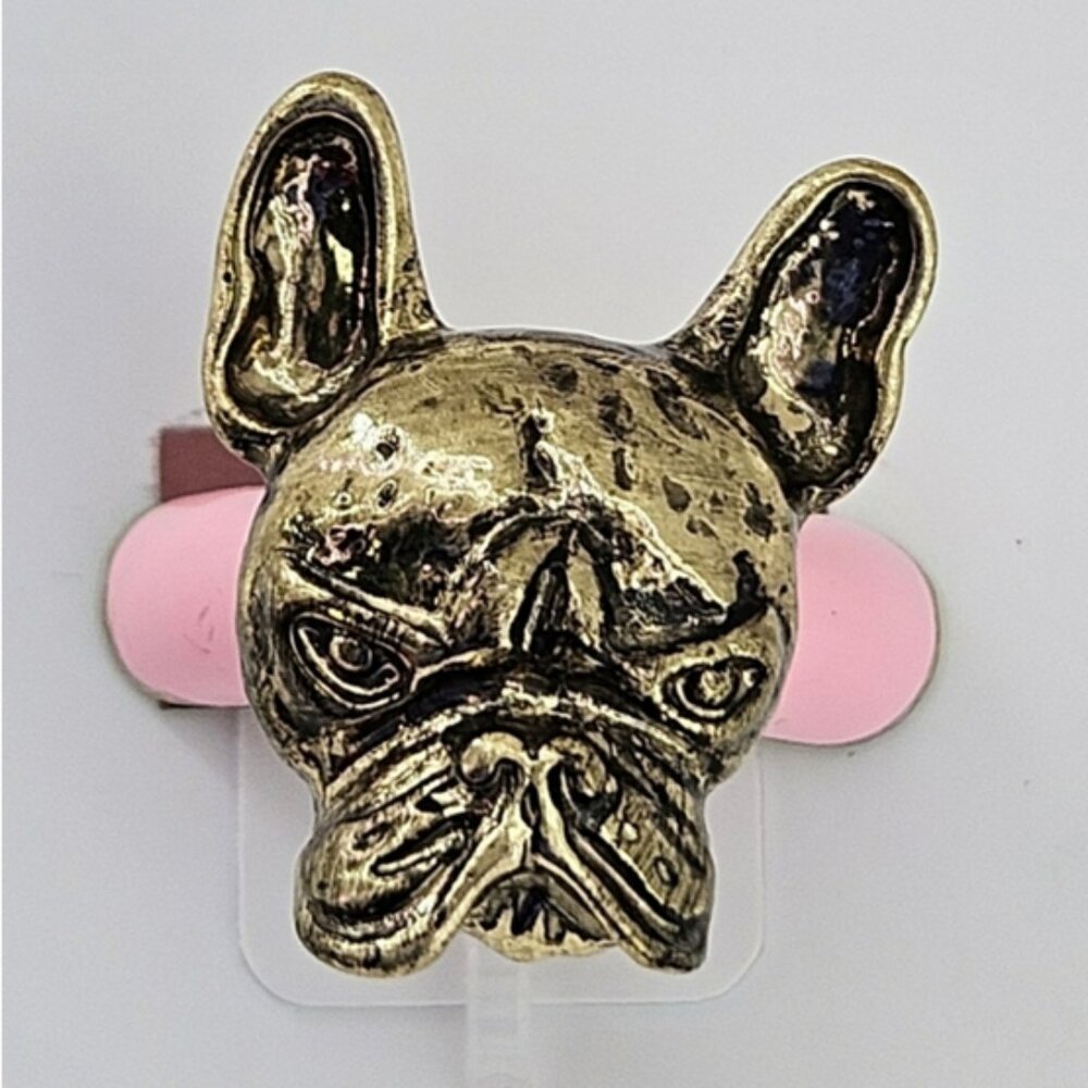 Betsey Johnson Frenchie Dog Enamel Ring Adjustable Fit Pink Gold NWT